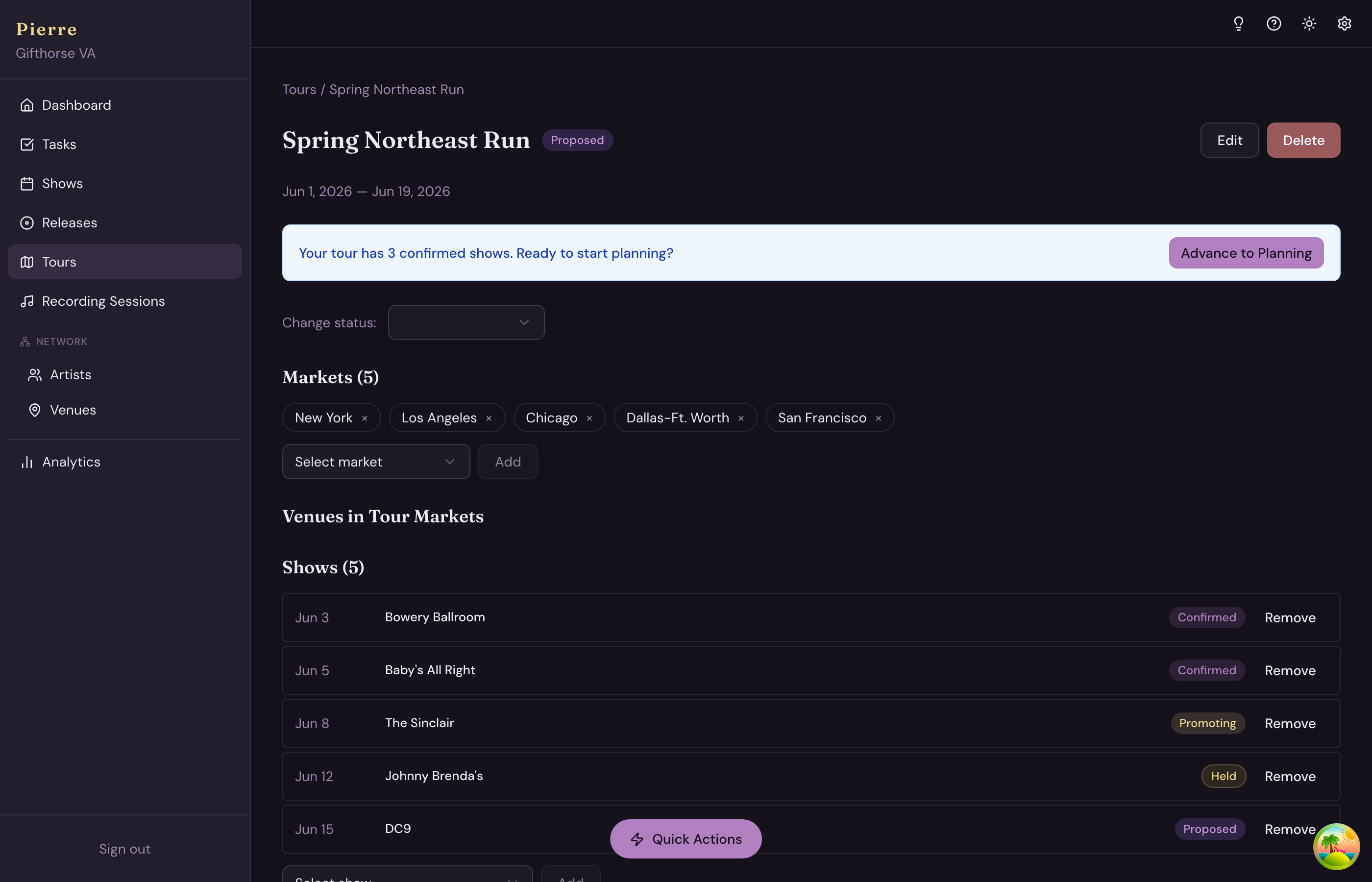 Pierre tour detail: Spring Northeast Run with 5 markets and venue routing